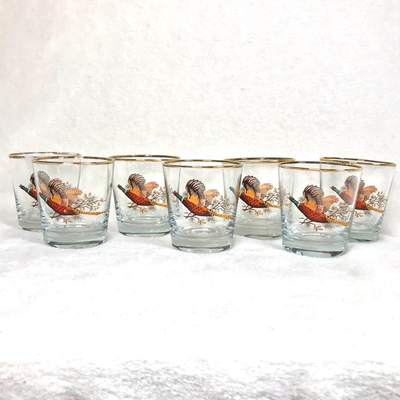 *SOLD* 7 vintage pheasant whiskey cocktail glasses wild game farmhouse barware - Picture 2 of 8